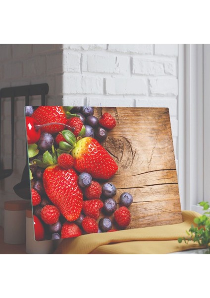 Renkli cam kesme tahtası, çilek ve ahşap desen, 25x35 cm, 1 parça fiyatları
