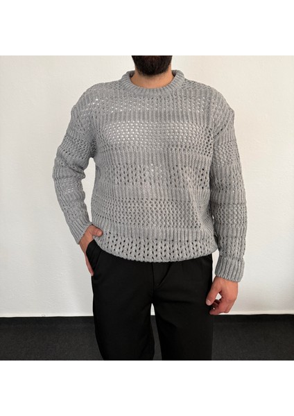 Erkek Oversize Örme Desenli Bol Kesim Salaş Triko Kazak