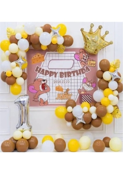 Sarı Kahverengi Balonlu Kral Taç Folyolu Konsept Yaş Rakamlı Doğum Günü Parti Süsleme Seti