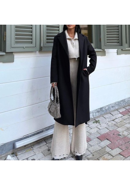 Kadın Kuşaklı Kaşe Kaban Siyah