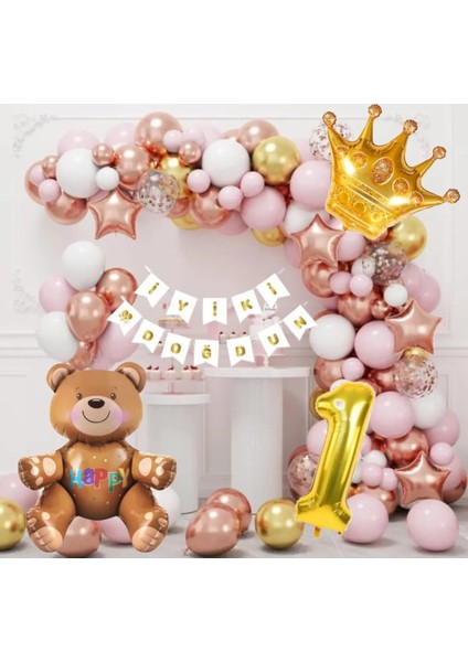 Gold Yaş Rakamlı Kral Taç Oturan Ayı Temalı Rose Gold Pembe Balonzinciri Doğum Günü Parti Seti Süsü
