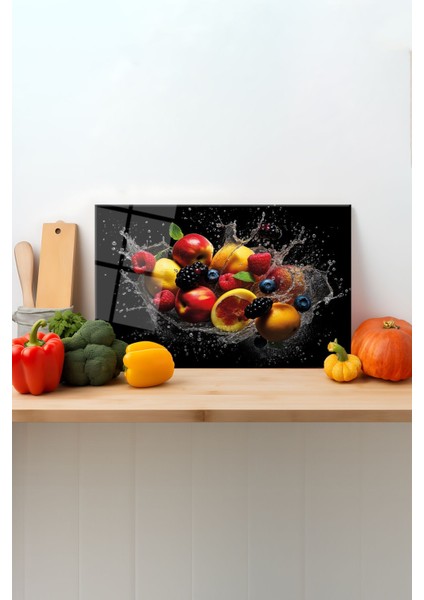 Renkli Meyveler Cam Kesme Tahtası, Silikon Ayaklı, Sunum ve Doğrama İçin 35x23 cm