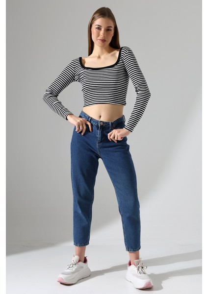 Kare Yaka Uzun Kol Çizgili Crop