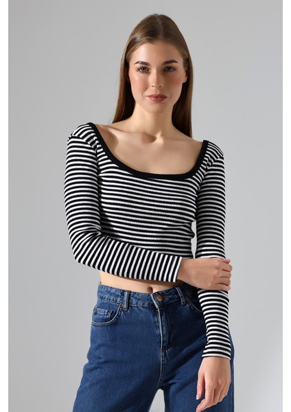 Kare Yaka Uzun Kol Çizgili Crop