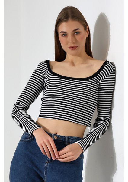 Kare Yaka Uzun Kol Çizgili Crop