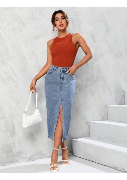 2100-ETEK Kadın Likralı Önden Yırtmaçlı Jeans Kot Denim Uzun Etek