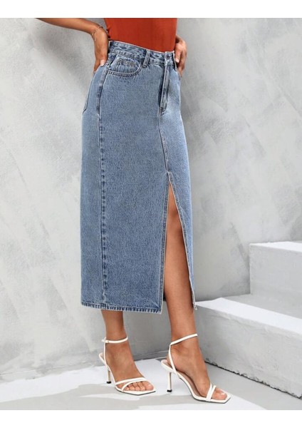 2100-ETEK Kadın Likralı Önden Yırtmaçlı Jeans Kot Denim Uzun Etek
