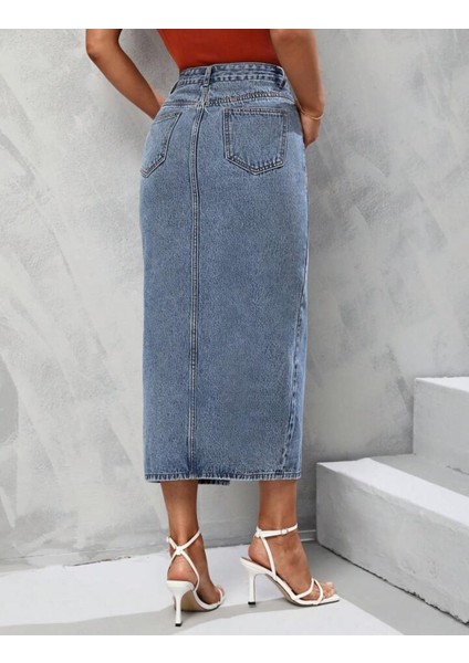 2100-ETEK Kadın Likralı Önden Yırtmaçlı Jeans Kot Denim Uzun Etek