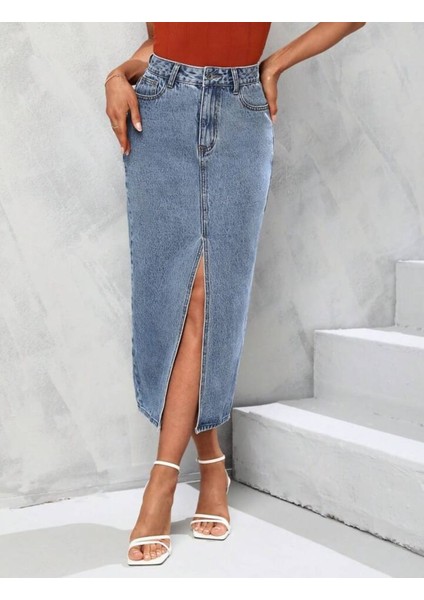 2100-ETEK Kadın Likralı Önden Yırtmaçlı Jeans Kot Denim Uzun Etek