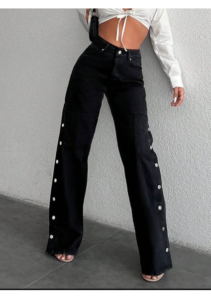 2069 Kadın Likrasız Yandan Çıtçıtlı Bol Paça Jeans Kot Denim Pantolon modelleri