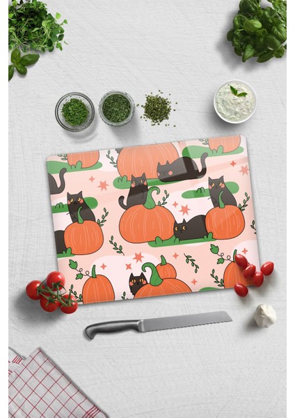 Cam Kesme Tahtası, 30x40, Balkabağı ve Kedi Desenli, Tek Parça, Şık ve Kullanışlı