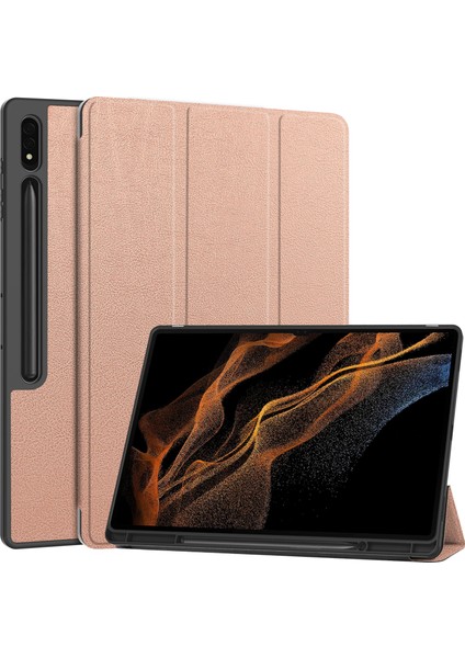 Samsung Galaxy Tab S10 Ultra Standlı Kılıf Şok Emici Deri Tablet Kılıfı Kalem Yuvası-Gül Altın (Yurt Dışından)