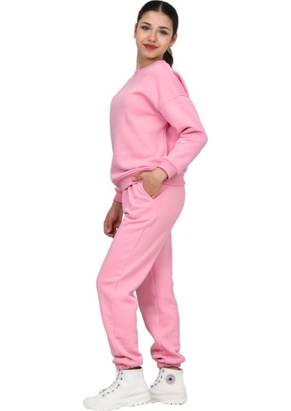 Kız Çocuk Paçası Lastikli 3 Iplik Şardonlu Içi Pamuklu Basic Bisiklet Yaka Eşofman Takımı modelleri