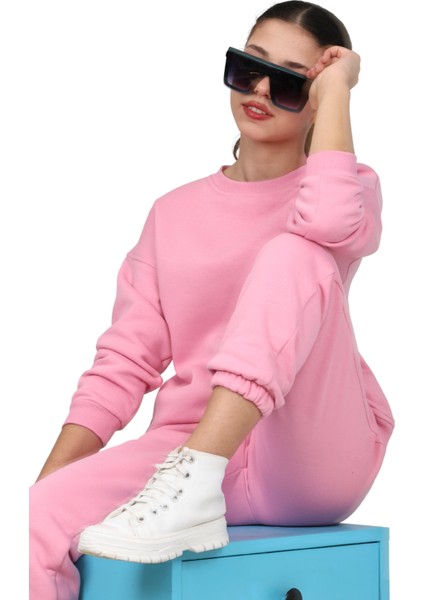 Kız Çocuk Paçası Lastikli 3 Iplik Şardonlu Içi Pamuklu Basic Bisiklet Yaka Eşofman Takımı indirimleri