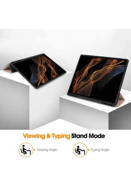 Samsung Galaxy Tab S10 Ultra Standlı Kılıf Şok Emici Deri Tablet Kılıfı Kalem Yuvası-Gül Altın (Yurt Dışından)