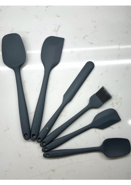 6'lı Gri Silikon Mutfak Seti, Yanmaz, Yapışmaz, Pasta, Yumurta, Fırça, Kaşık, Bıçak