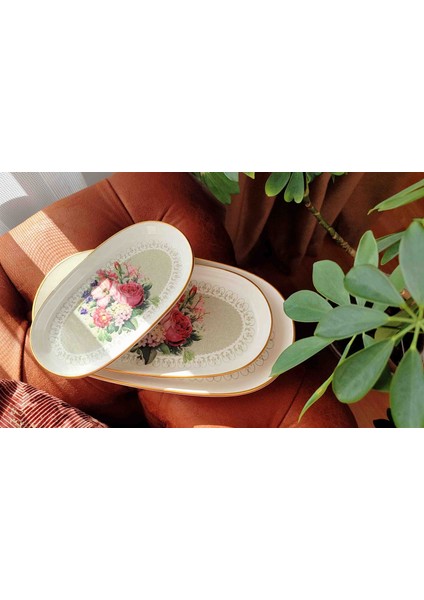 Vintage Çiçek Demeti Dekor Stoneware 3 Lü Kayık Tabak Kahvaltı Sunumluk