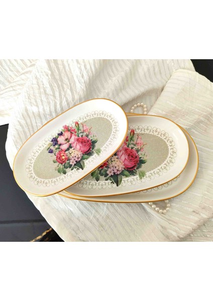 Vintage Çiçek Demeti Dekor Stoneware 3 Lü Kayık Tabak Kahvaltı Sunumluk