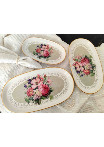 Vintage Çiçek Demeti Dekor Stoneware 3 Lü Kayık Tabak Kahvaltı Sunumluk