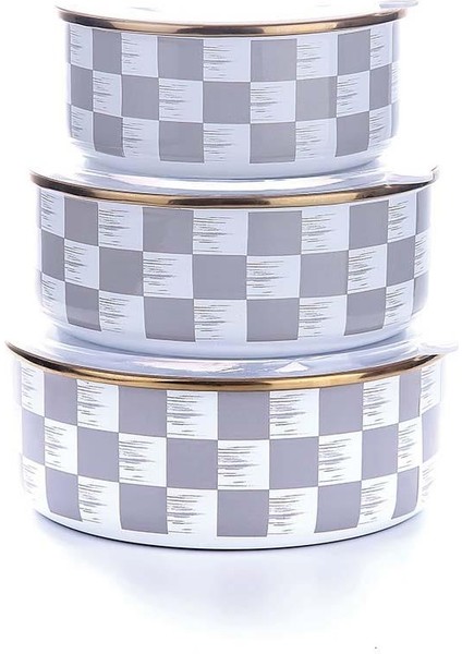 Emaye Saklama ve Isıtma Kabı 3 Boy Emaye Saklama Kabı Gri Dama Desenli