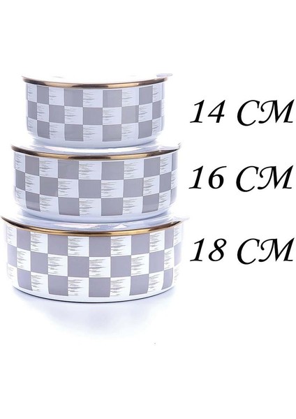 Emaye Saklama ve Isıtma Kabı 3 Boy Emaye Saklama Kabı Gri Dama Desenli modelleri