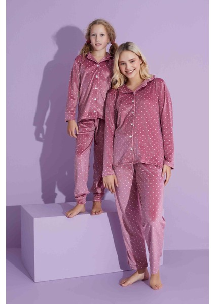 Yeni Sezon Puantiye Desenli Trend Model Kadife Anne/kız Çocuk Pijama Takımı 2800-PUDRA Puantiye