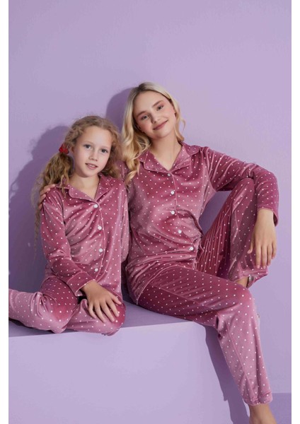 Yeni Sezon Puantiye Desenli Trend Model Kadife Anne/kız Çocuk Pijama Takımı 2800-PUDRA Puantiye