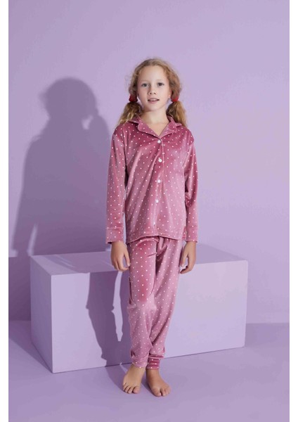 Yeni Sezon Puantiye Desenli Trend Model Kadife Anne/kız Çocuk Pijama Takımı 2800-PUDRA Puantiye
