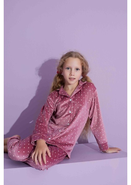 Yeni Sezon Puantiye Desenli Trend Model Kadife Anne/kız Çocuk Pijama Takımı 2800-PUDRA Puantiye