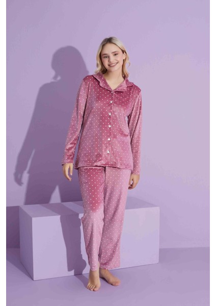 Yeni Sezon Puantiye Desenli Trend Model Kadife Anne/kız Çocuk Pijama Takımı 2800-PUDRA Puantiye