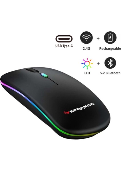 Kablosuz Mouse Bluetooth – Şarjlı, Type-C, Ergonomik, 500 Mah, 800/1200/1600 Dpı, LED Işık