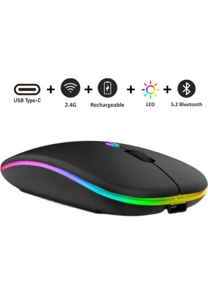 Kablosuz Mouse Bluetooth – Şarjlı, Type-C, Ergonomik, 500 Mah, 800/1200/1600 Dpı, LED Işık