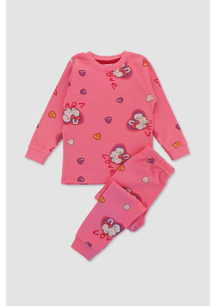 Kız Çocuk Pamuklu Kalp ve Tavşan Desenli Pembe Uzun Kollu Pijama Takımı