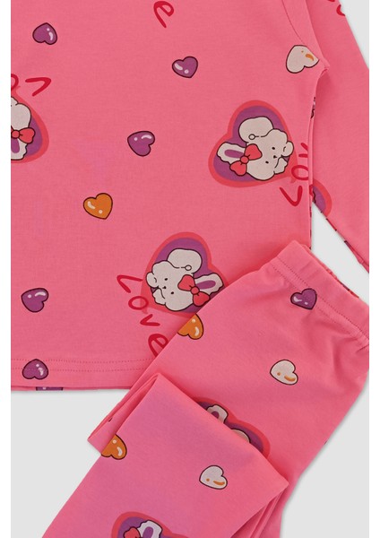 Kız Çocuk Pamuklu Kalp ve Tavşan Desenli Pembe Uzun Kollu Pijama Takımı