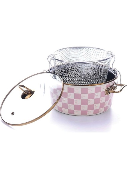 Emaye Kızartma Tenceresi 22 cm Pembe Dama Desen