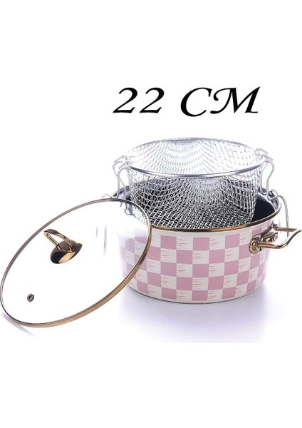 Emaye Kızartma Tenceresi 22 cm Pembe Dama Desen