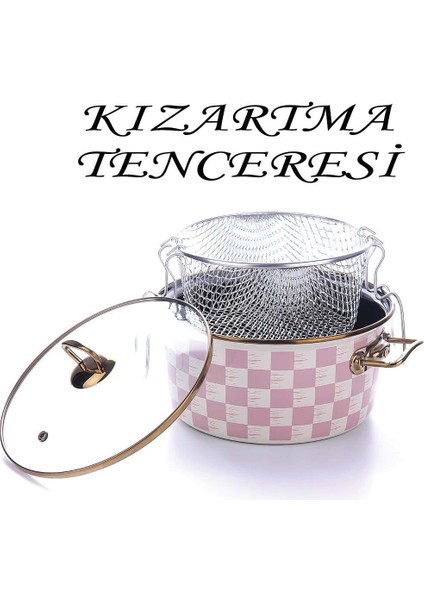 Emaye Kızartma Tenceresi 22 cm Pembe Dama Desen