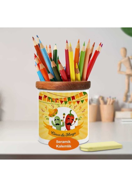 Cinco De Mayo Meksikalı Acı Biberler Ahşap Seramik KALEMLIK-214