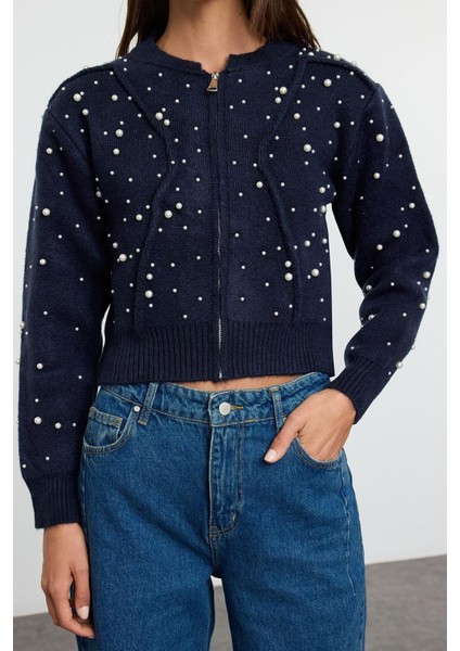 Kadın Moda Şık Bomber Yaka Standart Kol Regular Yumuşak Fermuarlı Taşlı Mont Görünümlü Triko Hırka