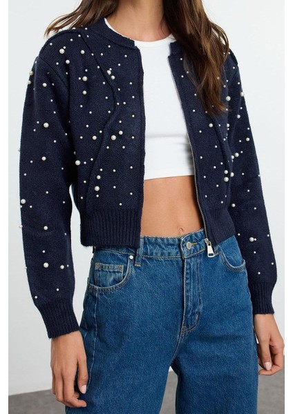 Kadın Moda Şık Bomber Yaka Standart Kol Regular Yumuşak Fermuarlı Taşlı Mont Görünümlü Triko Hırka