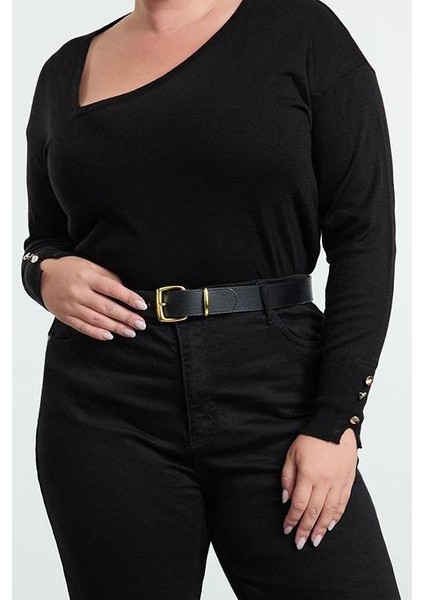Kadın Moda Şık Büyük Beden Asimetrik Yaka Standart Kol Regular Kolları Düğmeli Triko Kazak modelleri