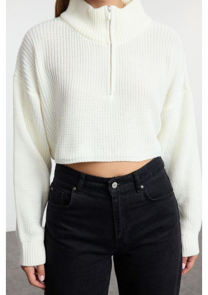Kadın Moda Şık Dik Yaka Standart Kol Crop Süper Fermuarlı Triko Kazak