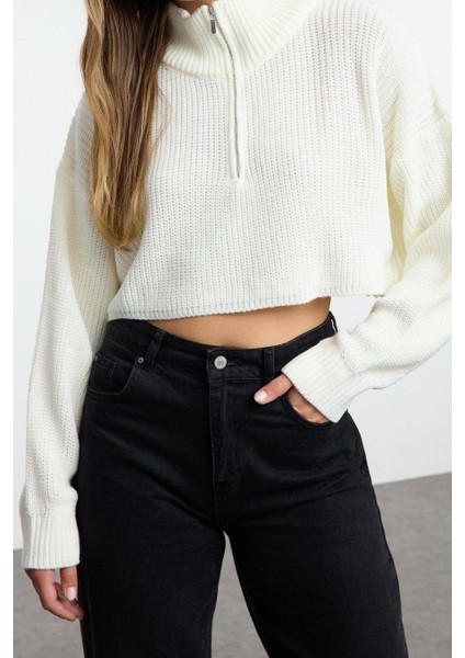 Kadın Moda Şık Dik Yaka Standart Kol Crop Süper Fermuarlı Triko Kazak