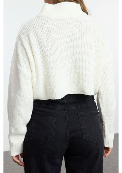 Kadın Moda Şık Dik Yaka Standart Kol Crop Süper Fermuarlı Triko Kazak