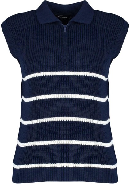 Kadın Moda Şık Polo Yaka Standart Kol Regular Fermuarlı Çizgili Triko Süveter