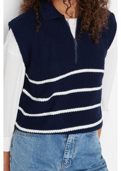 Kadın Moda Şık Polo Yaka Standart Kol Regular Fermuarlı Çizgili Triko Süveter modelleri