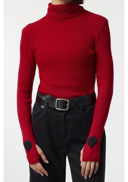 Kadın Moda Şık Dik Yaka Standart Kol Regular Kol Detaylı Triko Kazak