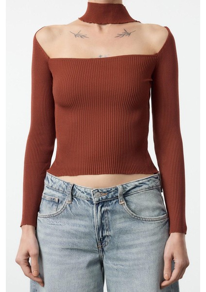 Kadın Moda Şık Kare Yaka Reglan Kol Regular Yaka Detaylı Triko Kazak