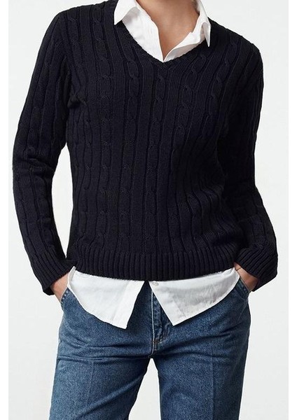 Kadın Moda Şık V Yaka Standart Kol Regular Basic Pamuklu Triko Kazak