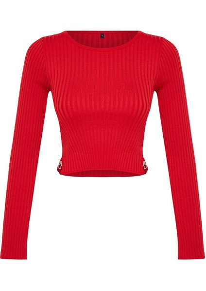 Kadın Moda Şık Bisiklet Yaka Standart Kol Crop Kalp Aksesuarlı Triko Kazak